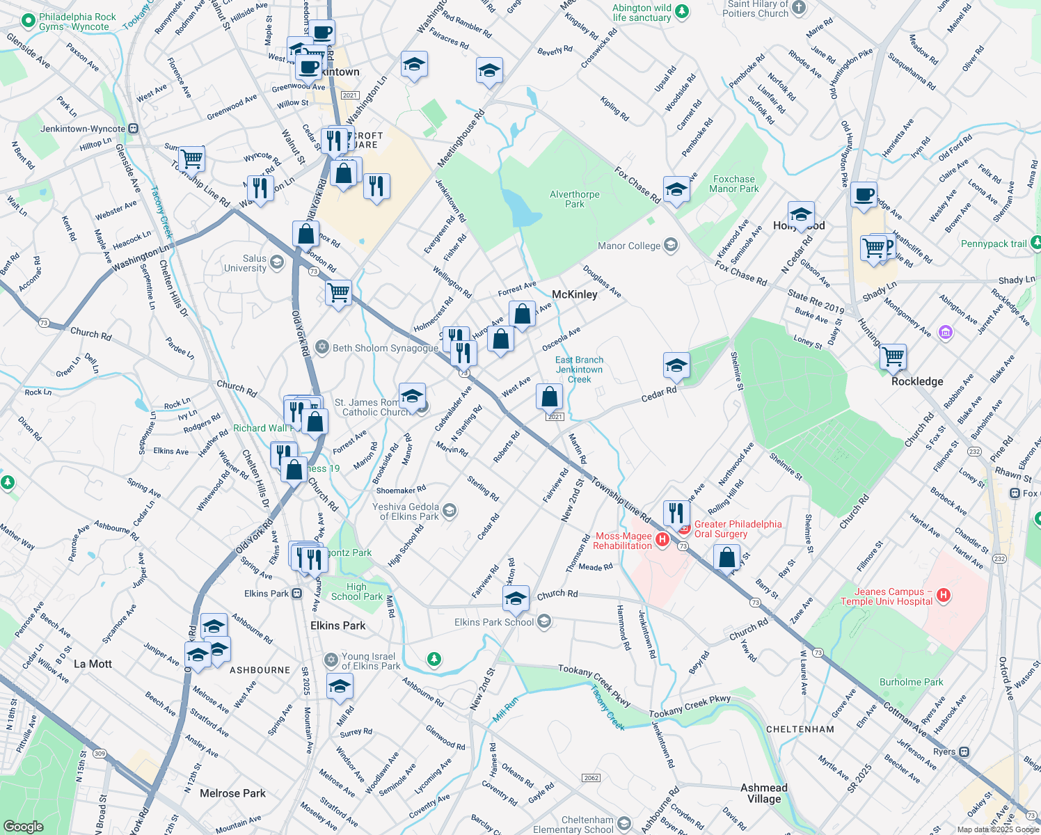 map of restaurants, bars, coffee shops, grocery stores, and more near 811 Township Line Road in Montgomery