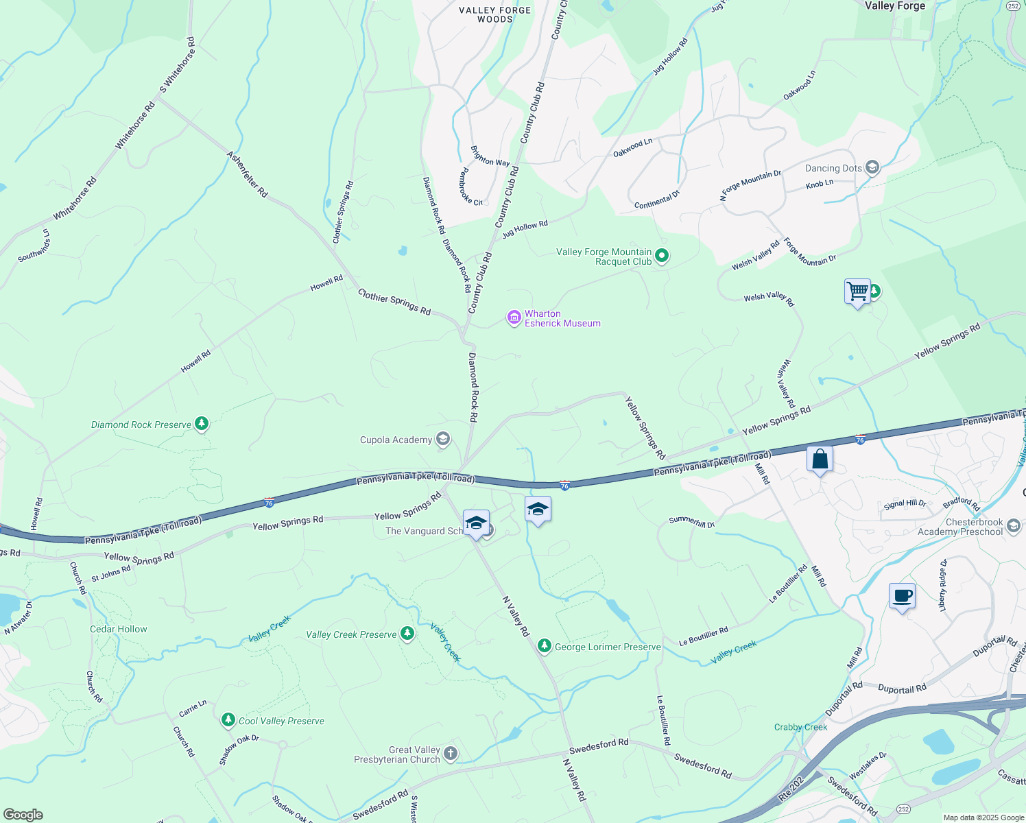 map of restaurants, bars, coffee shops, grocery stores, and more near 1561 Yellow Springs Road in Malvern
