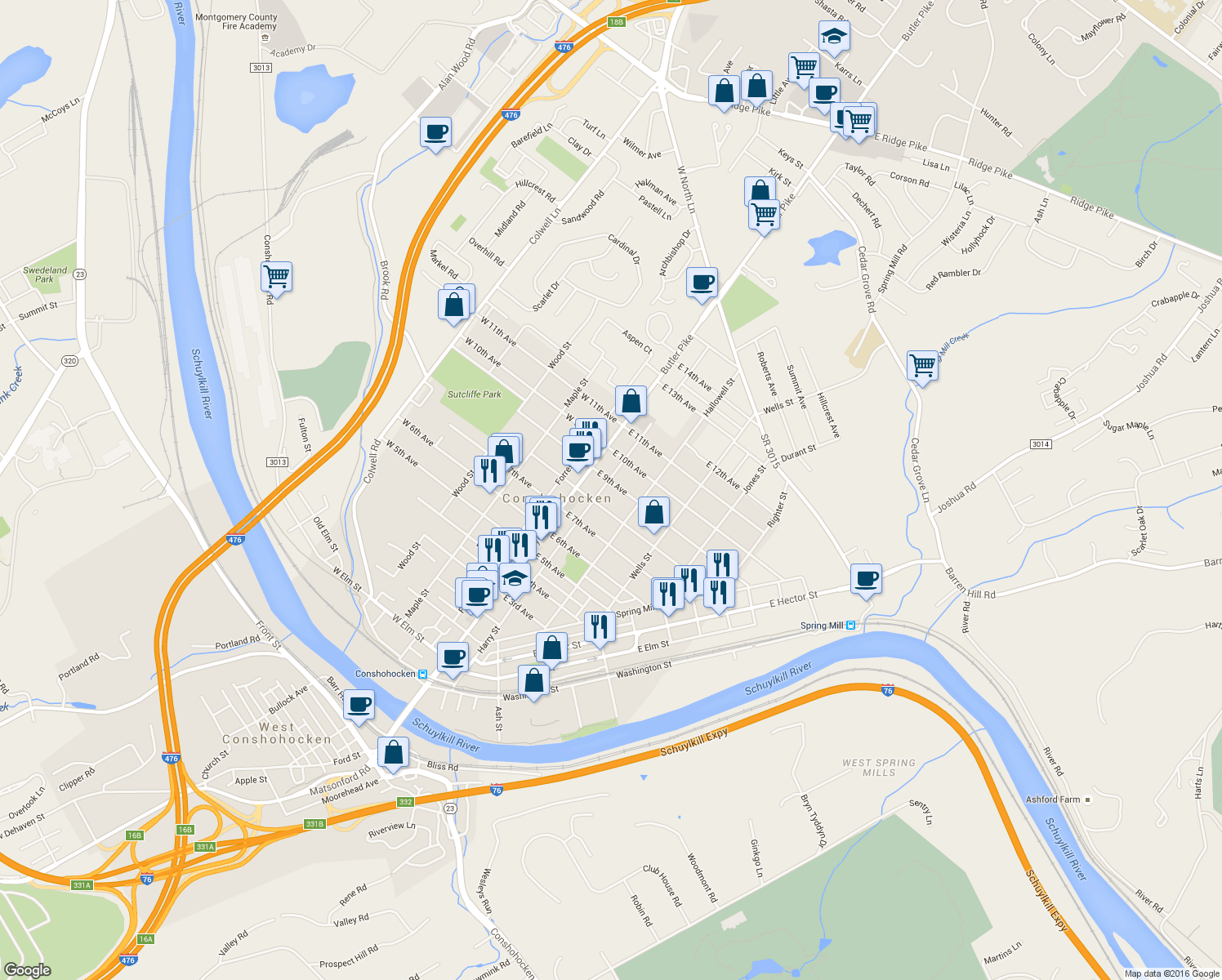 map of restaurants, bars, coffee shops, grocery stores, and more near 109 East 9th Avenue in Conshohocken