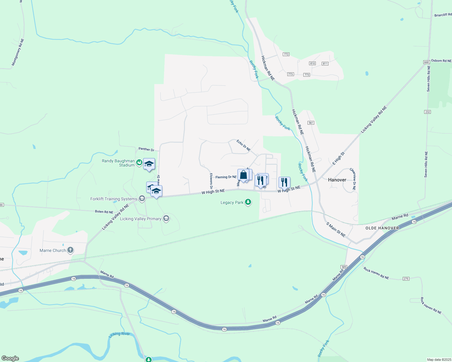 map of restaurants, bars, coffee shops, grocery stores, and more near 322 Fleming Drive Northeast in Newark