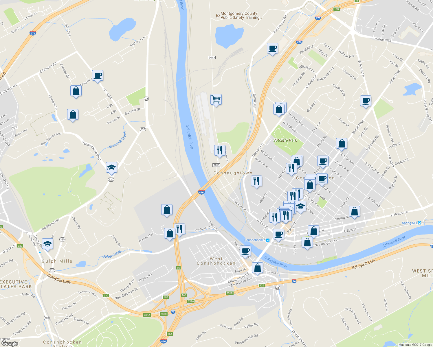 map of restaurants, bars, coffee shops, grocery stores, and more near 358 Conshohocken Road in Conshohocken