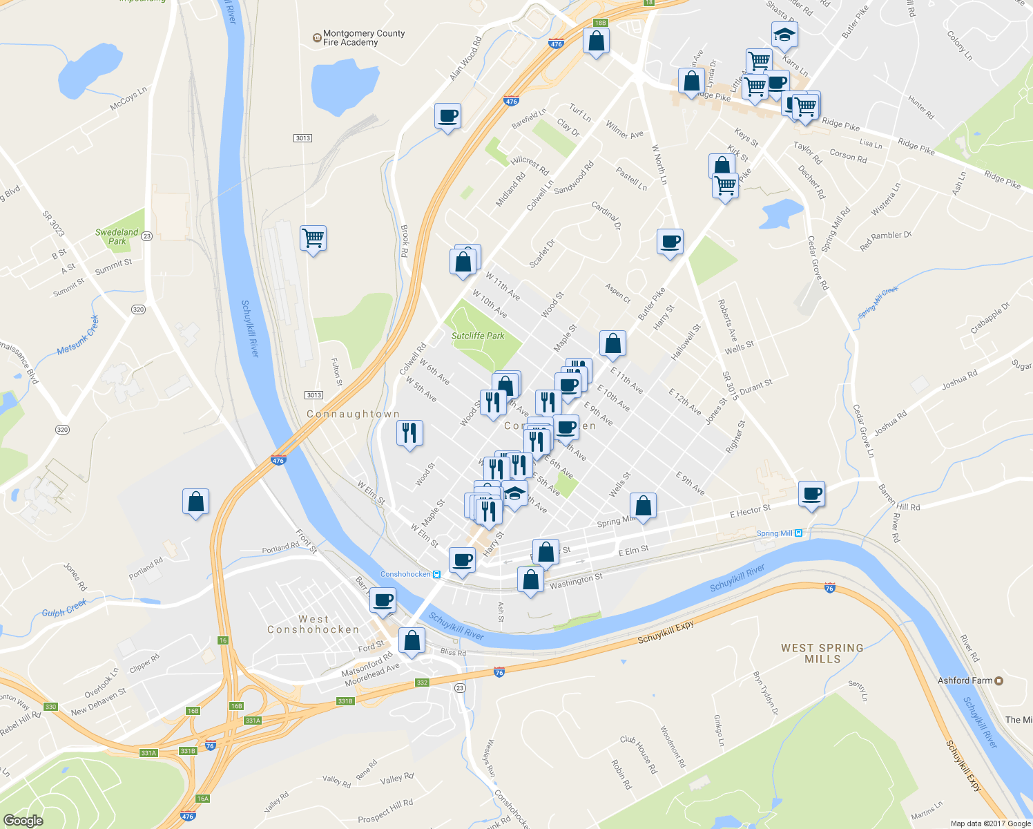 map of restaurants, bars, coffee shops, grocery stores, and more near 153 West 7th Avenue in Conshohocken
