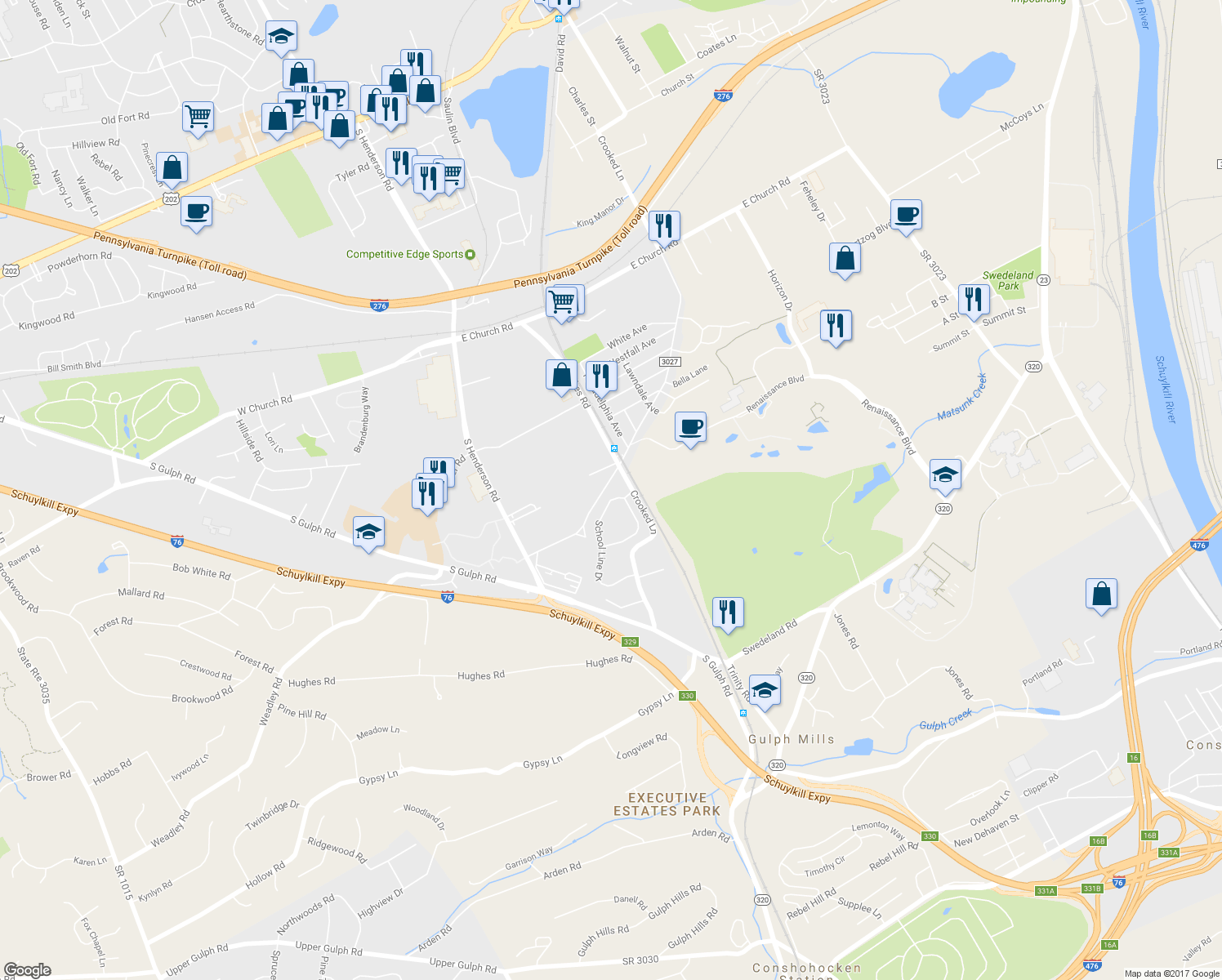 map of restaurants, bars, coffee shops, grocery stores, and more near 627 School Line Drive in King of Prussia