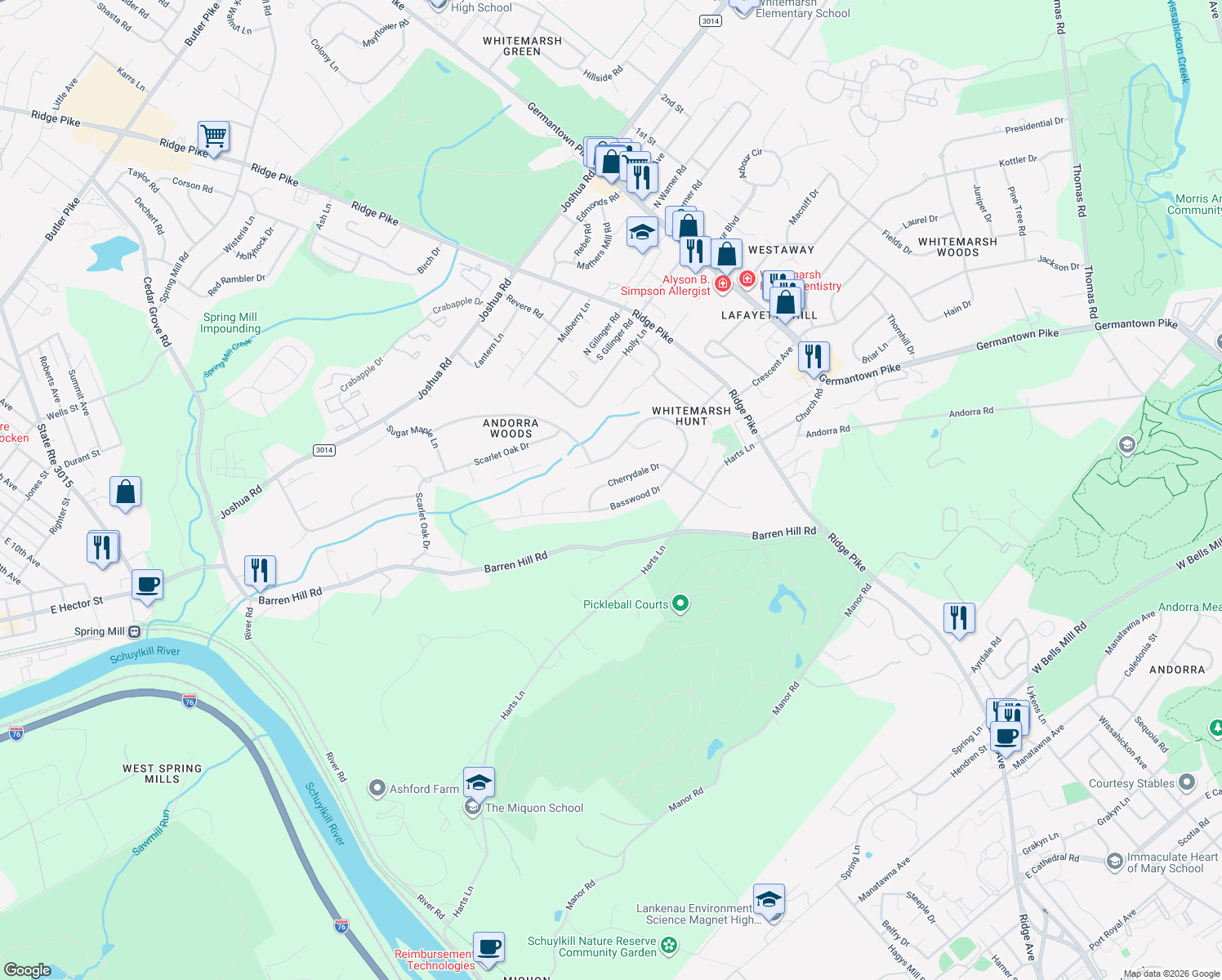 map of restaurants, bars, coffee shops, grocery stores, and more near 672 Cherrydale Drive in Lafayette Hill