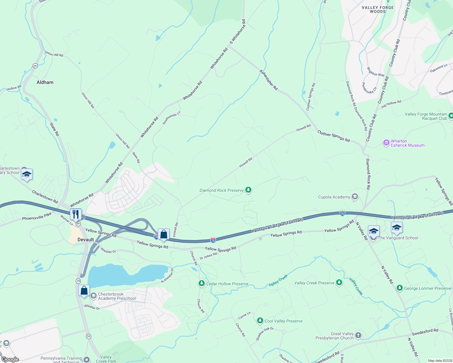 map of restaurants, bars, coffee shops, grocery stores, and more near 4083 Howell Road in Malvern