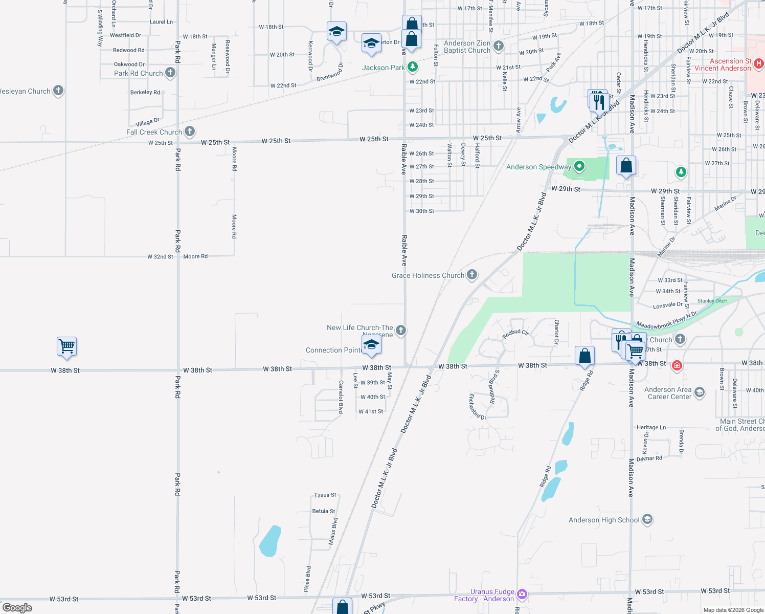 map of restaurants, bars, coffee shops, grocery stores, and more near 2619 West 34th Street in Anderson