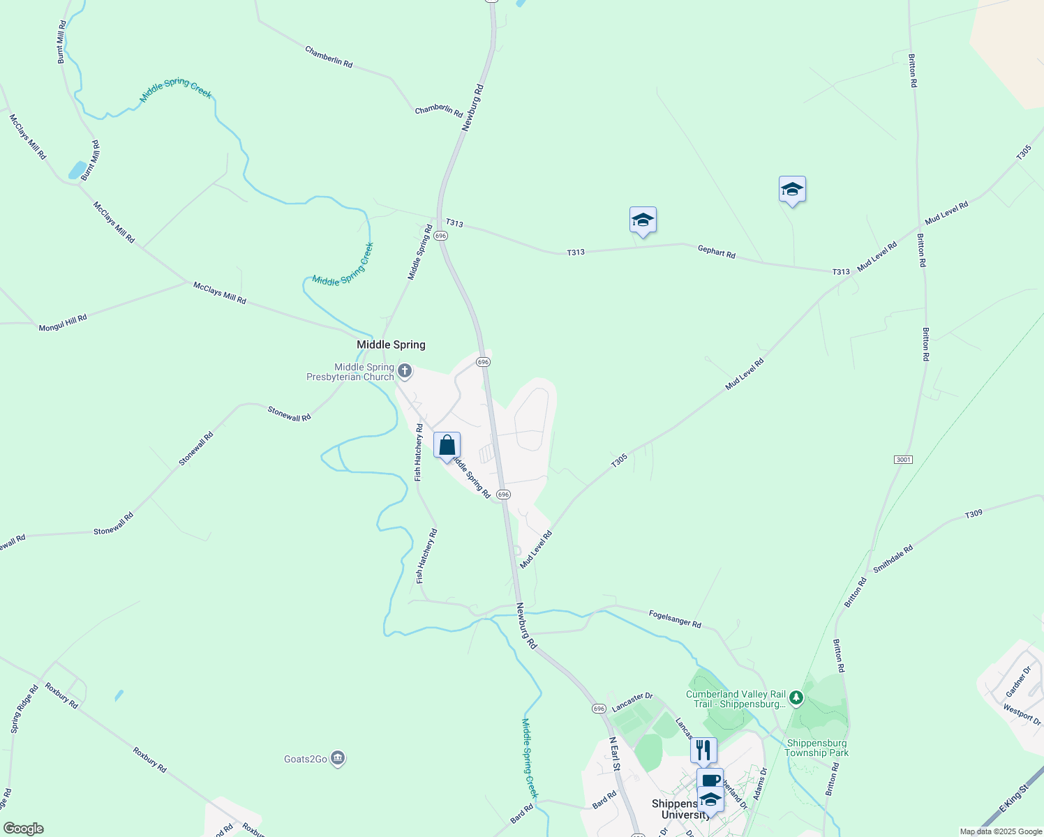 map of restaurants, bars, coffee shops, grocery stores, and more near 86 Diller Drive in Shippensburg