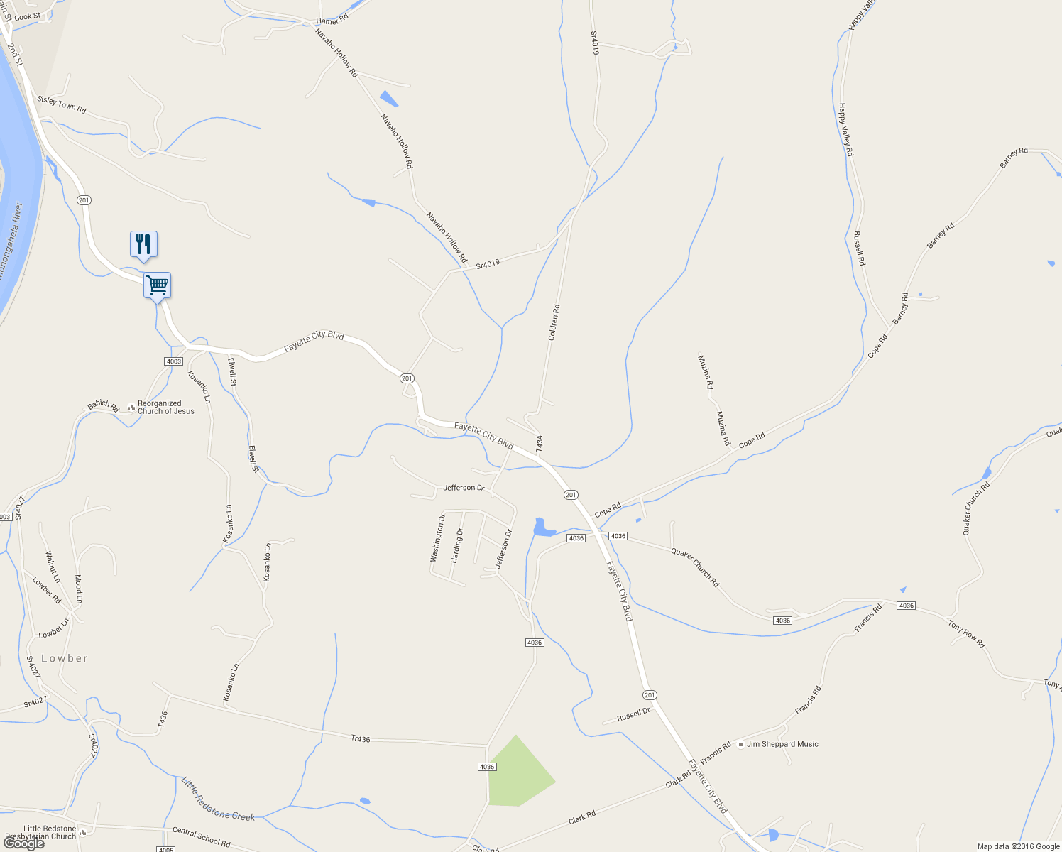 map of restaurants, bars, coffee shops, grocery stores, and more near Martinak Ave in Fayette City