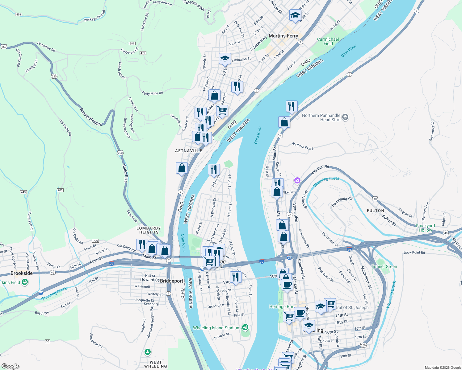 map of restaurants, bars, coffee shops, grocery stores, and more near 624 N Front St in Wheeling