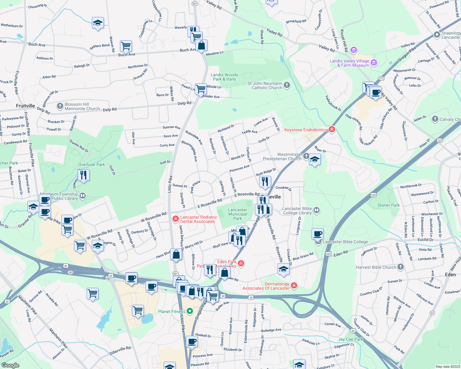 map of restaurants, bars, coffee shops, grocery stores, and more near 1920 Harclay Place in Lancaster