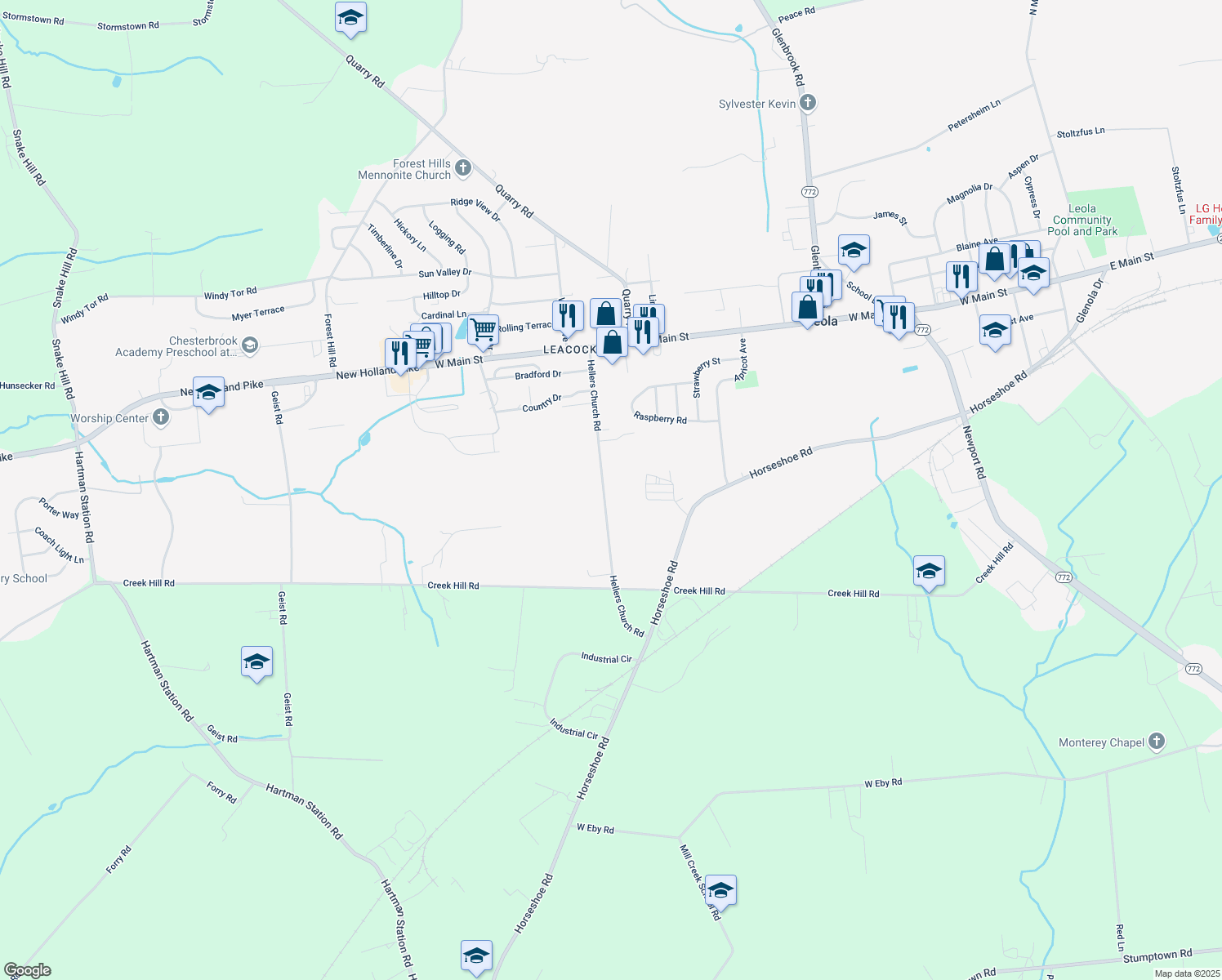 map of restaurants, bars, coffee shops, grocery stores, and more near 67 Hellers Church Rd in Leola