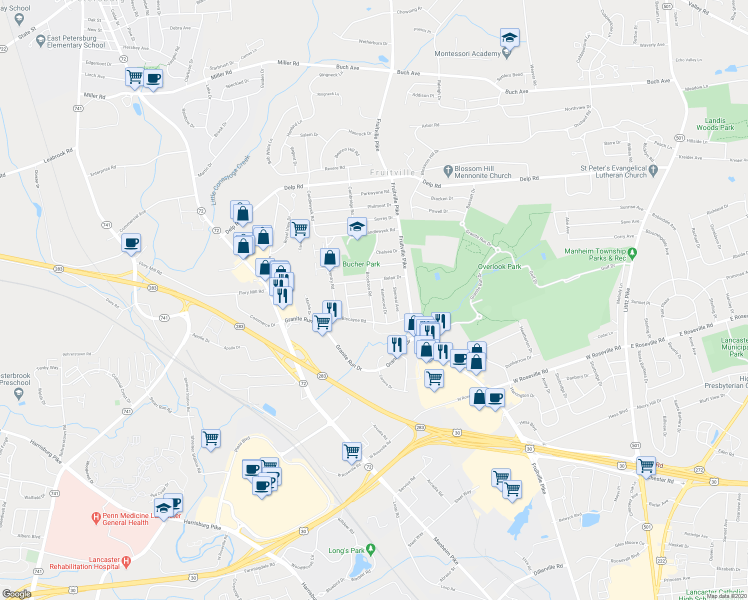 map of restaurants, bars, coffee shops, grocery stores, and more near 2139 Brockton Road in Lancaster