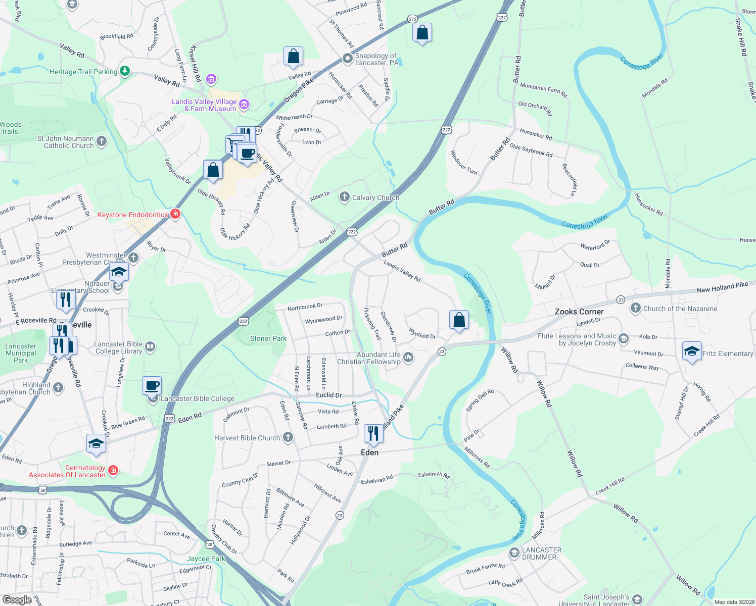 map of restaurants, bars, coffee shops, grocery stores, and more near 1976 Glendower Dr in Lancaster