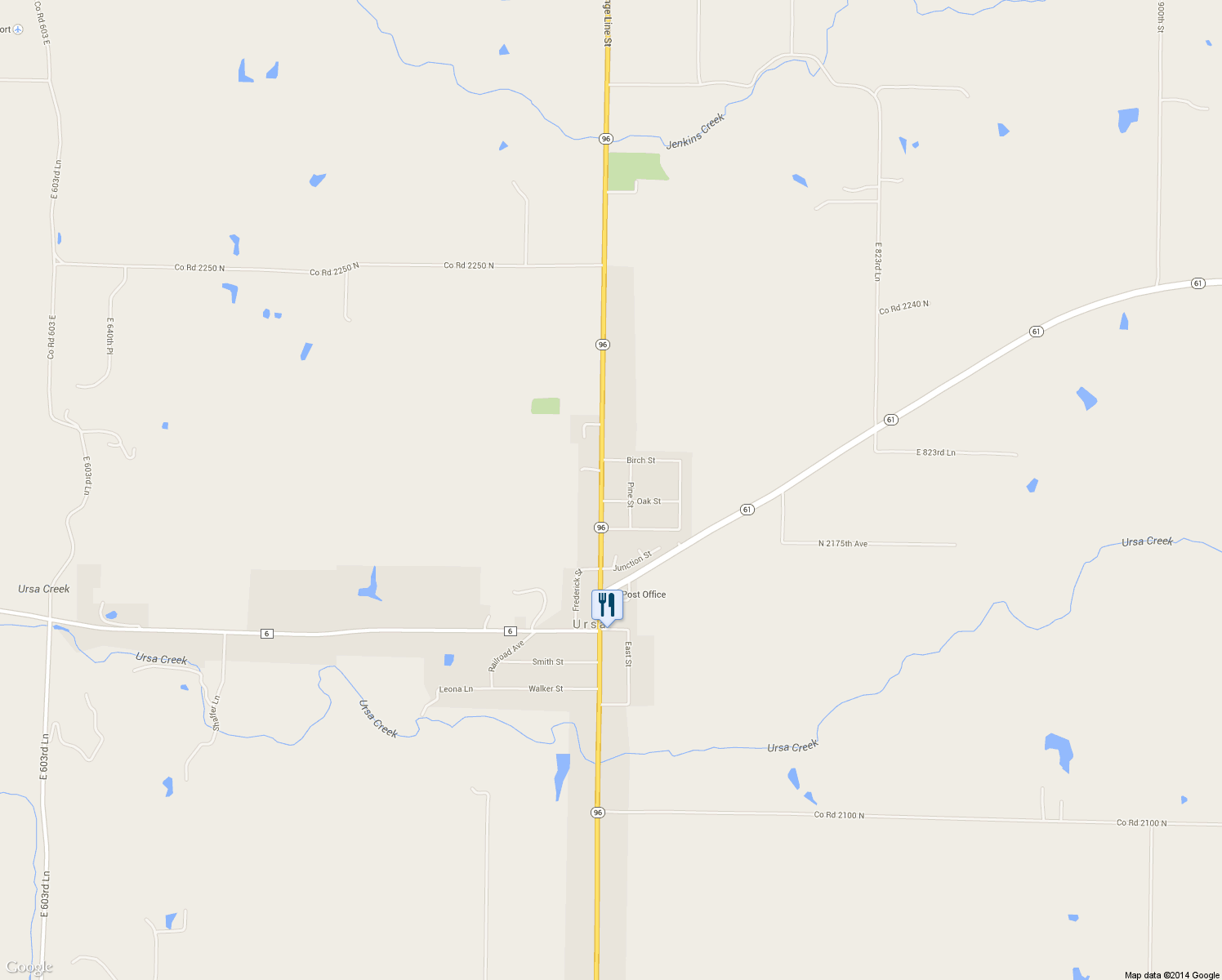 map of restaurants, bars, coffee shops, grocery stores, and more near 221 North Warsaw Street in Ursa