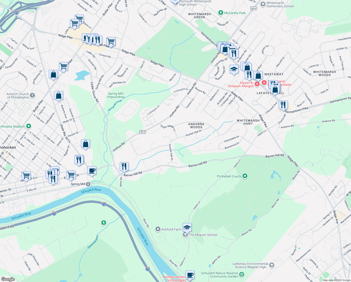 map of restaurants, bars, coffee shops, grocery stores, and more near 19 Scarlet Oak Dr in Lafayette Hill
