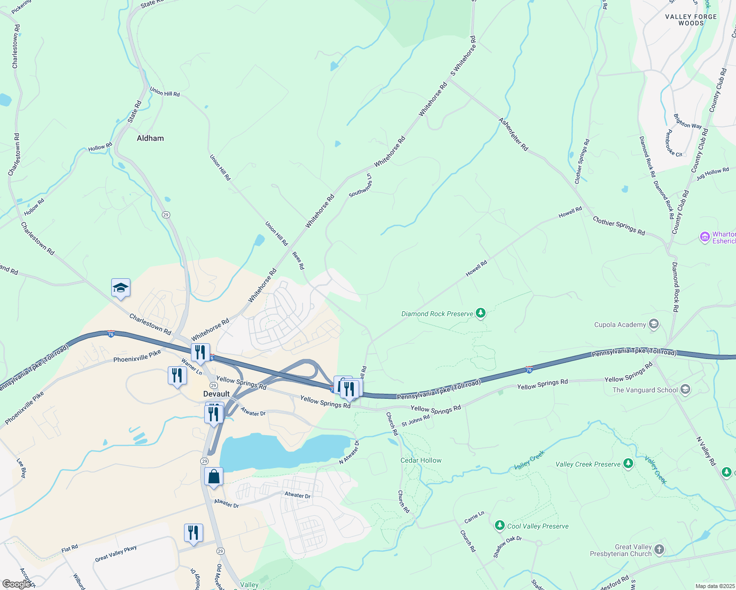 map of restaurants, bars, coffee shops, grocery stores, and more near 19 Great Woods Lane in Malvern