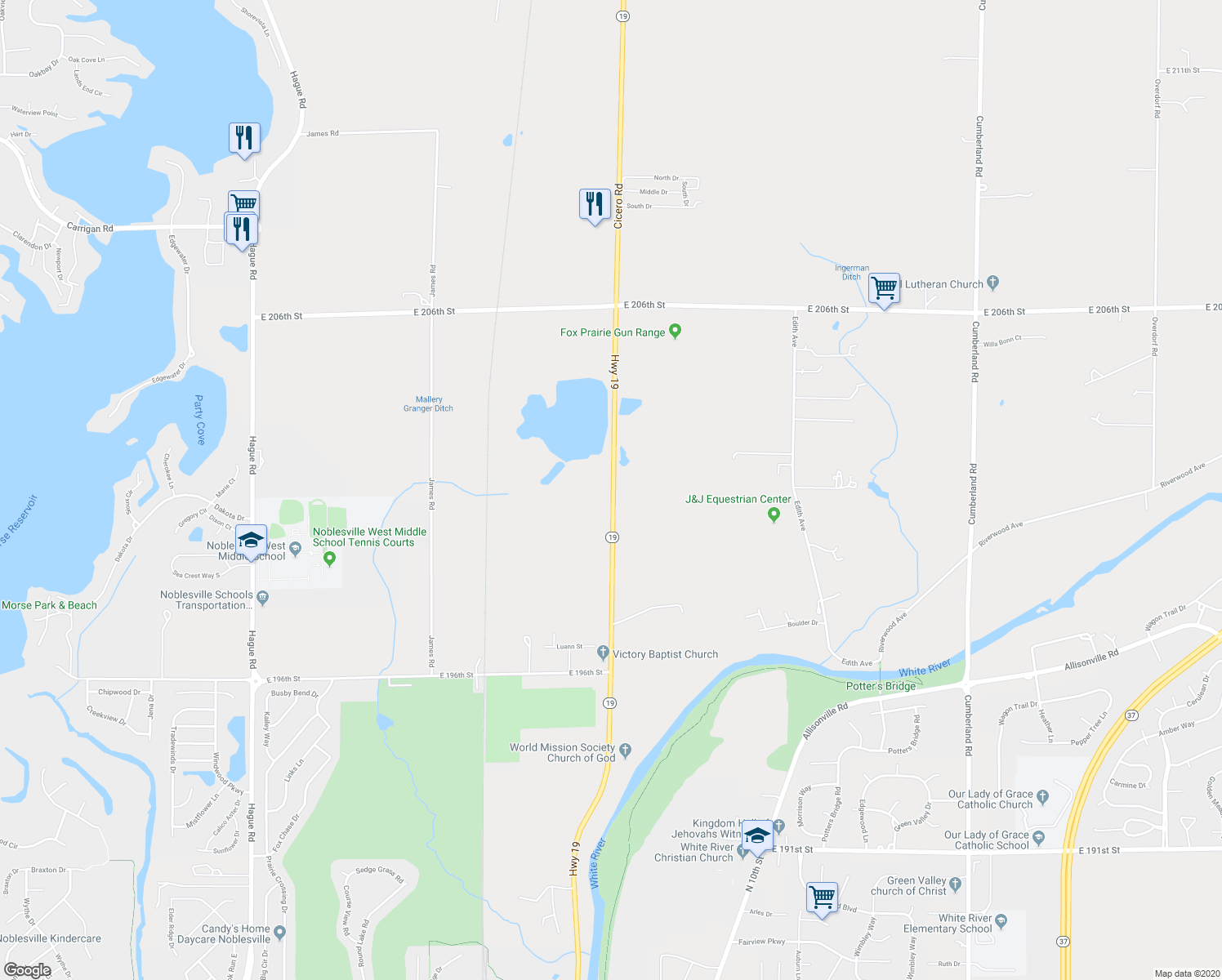 map of restaurants, bars, coffee shops, grocery stores, and more near 2675 Cicero Road in Noblesville