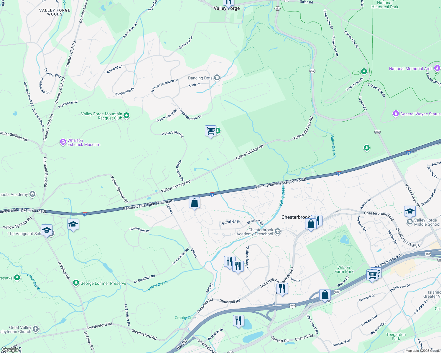 map of restaurants, bars, coffee shops, grocery stores, and more near 1876 Covered Bridge Road in Malvern