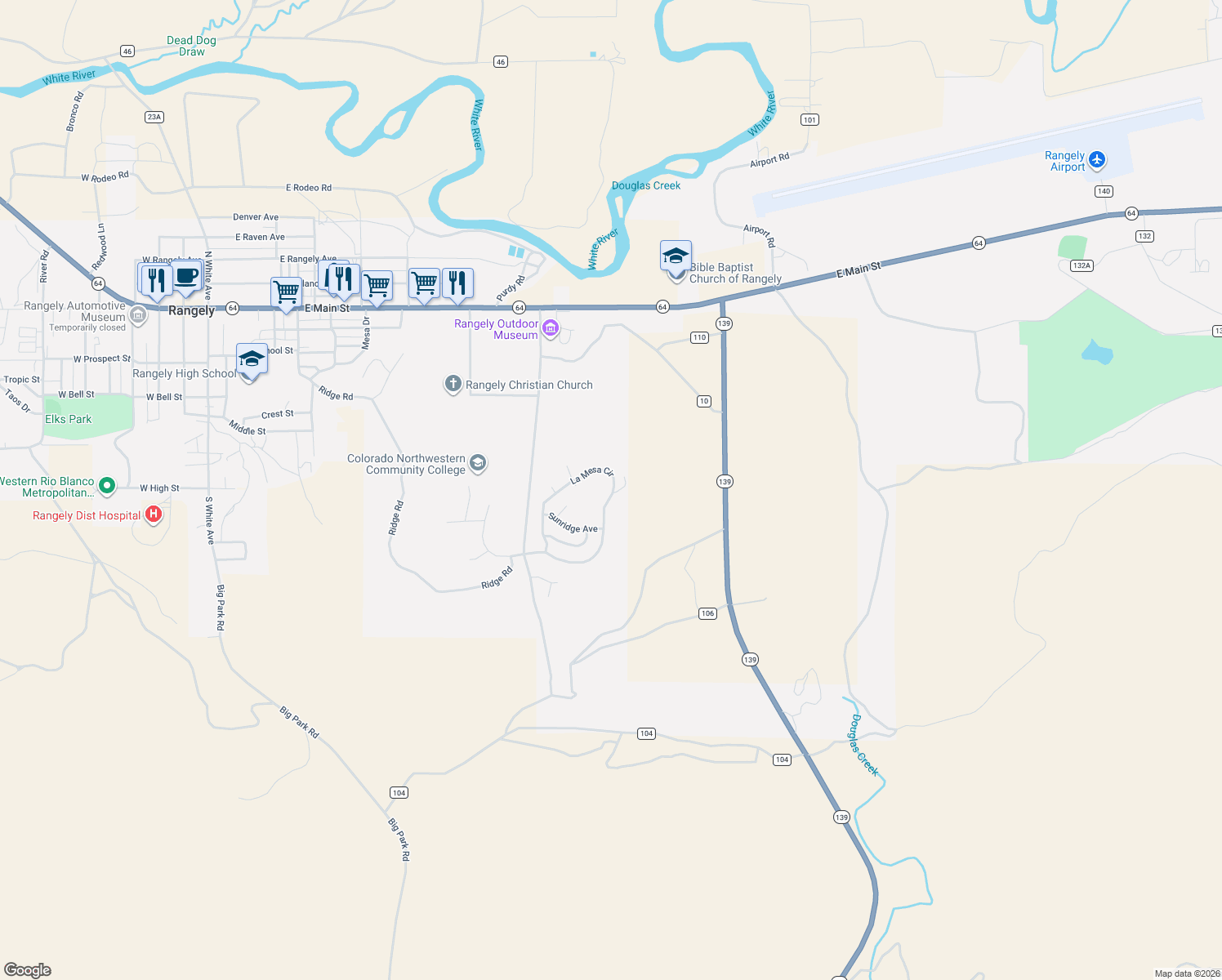 map of restaurants, bars, coffee shops, grocery stores, and more near 1340 La Mesa Circle in Rangely