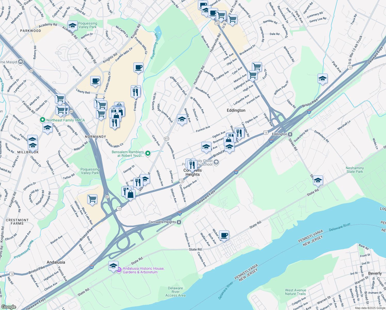 map of restaurants, bars, coffee shops, grocery stores, and more near 1112 Clovernook Avenue in Bensalem