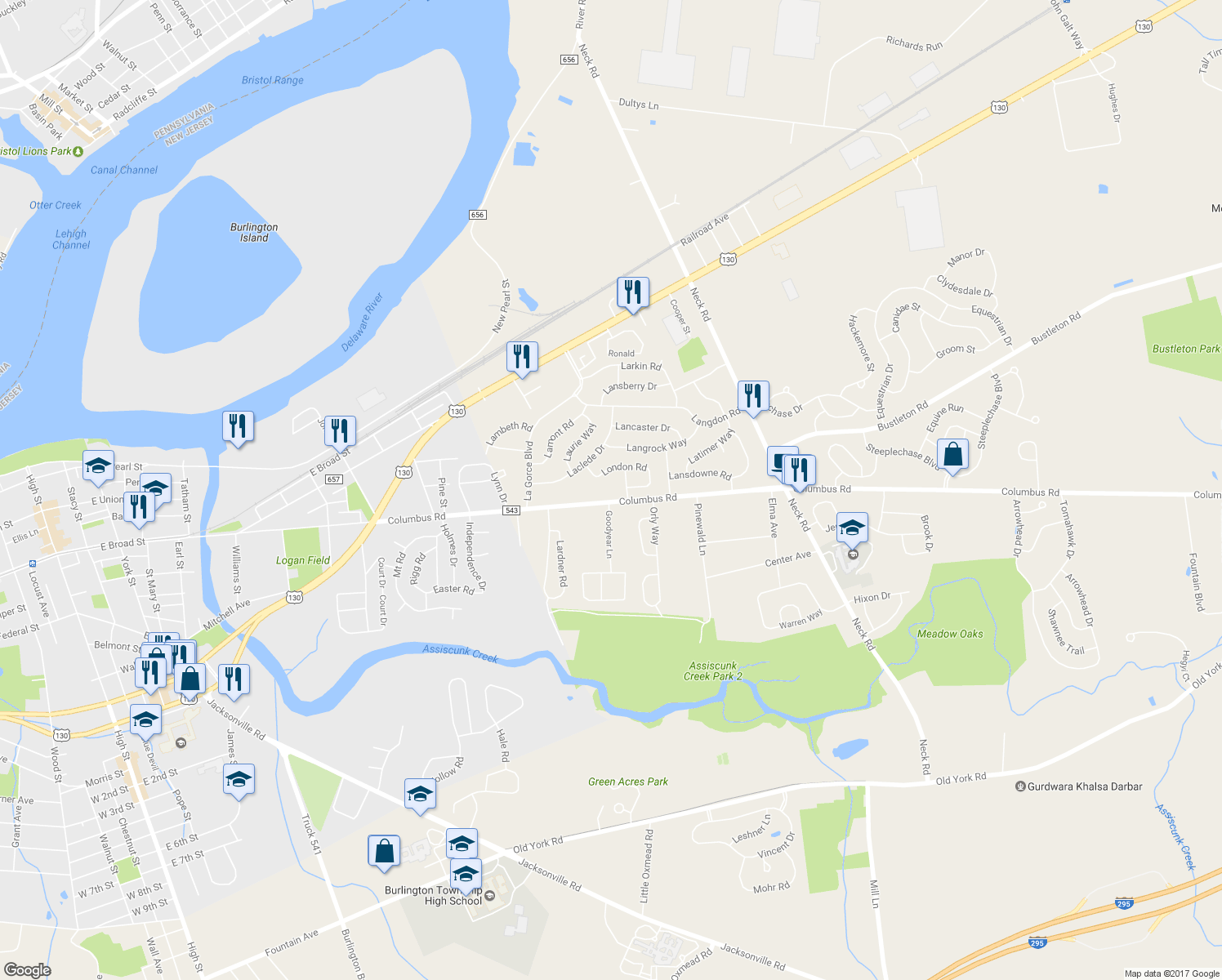 map of restaurants, bars, coffee shops, grocery stores, and more near 1303 Columbus Road in Burlington