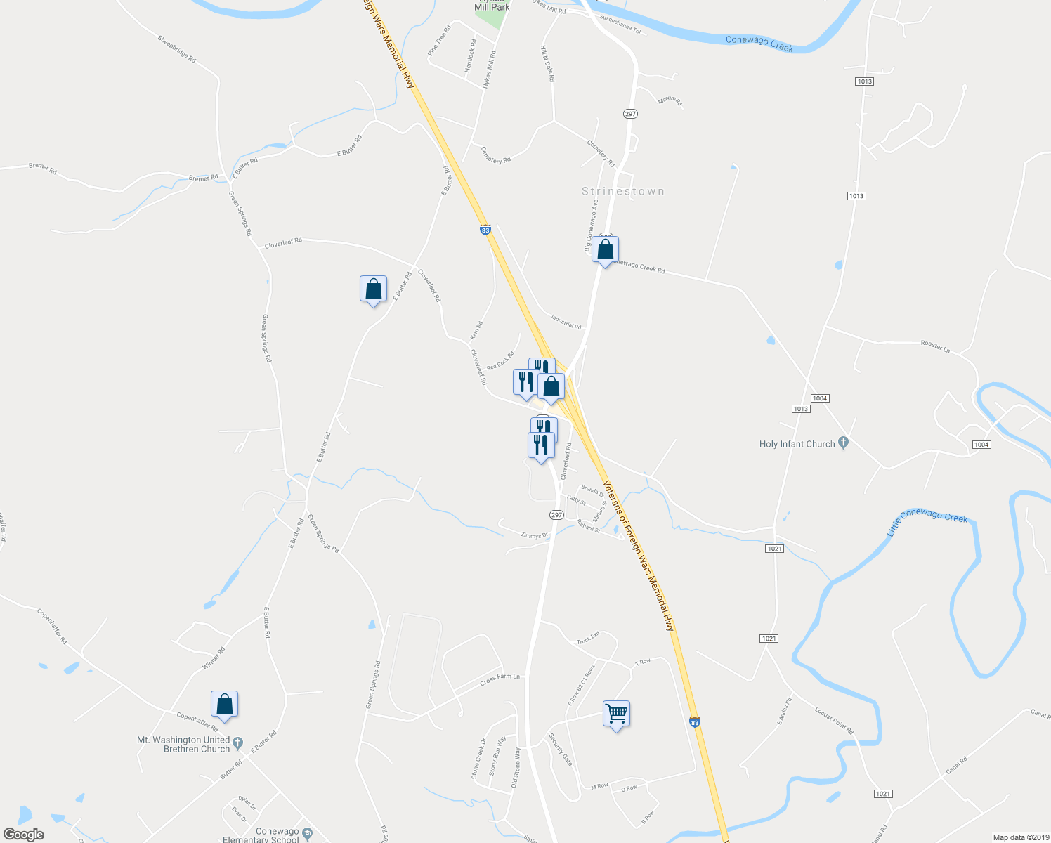 map of restaurants, bars, coffee shops, grocery stores, and more near 140 Cloverleaf Road in York