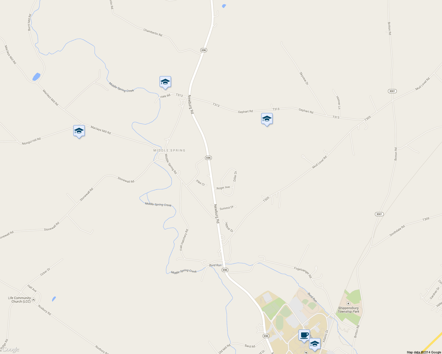 map of restaurants, bars, coffee shops, grocery stores, and more near 85 Diller Drive in Shippensburg