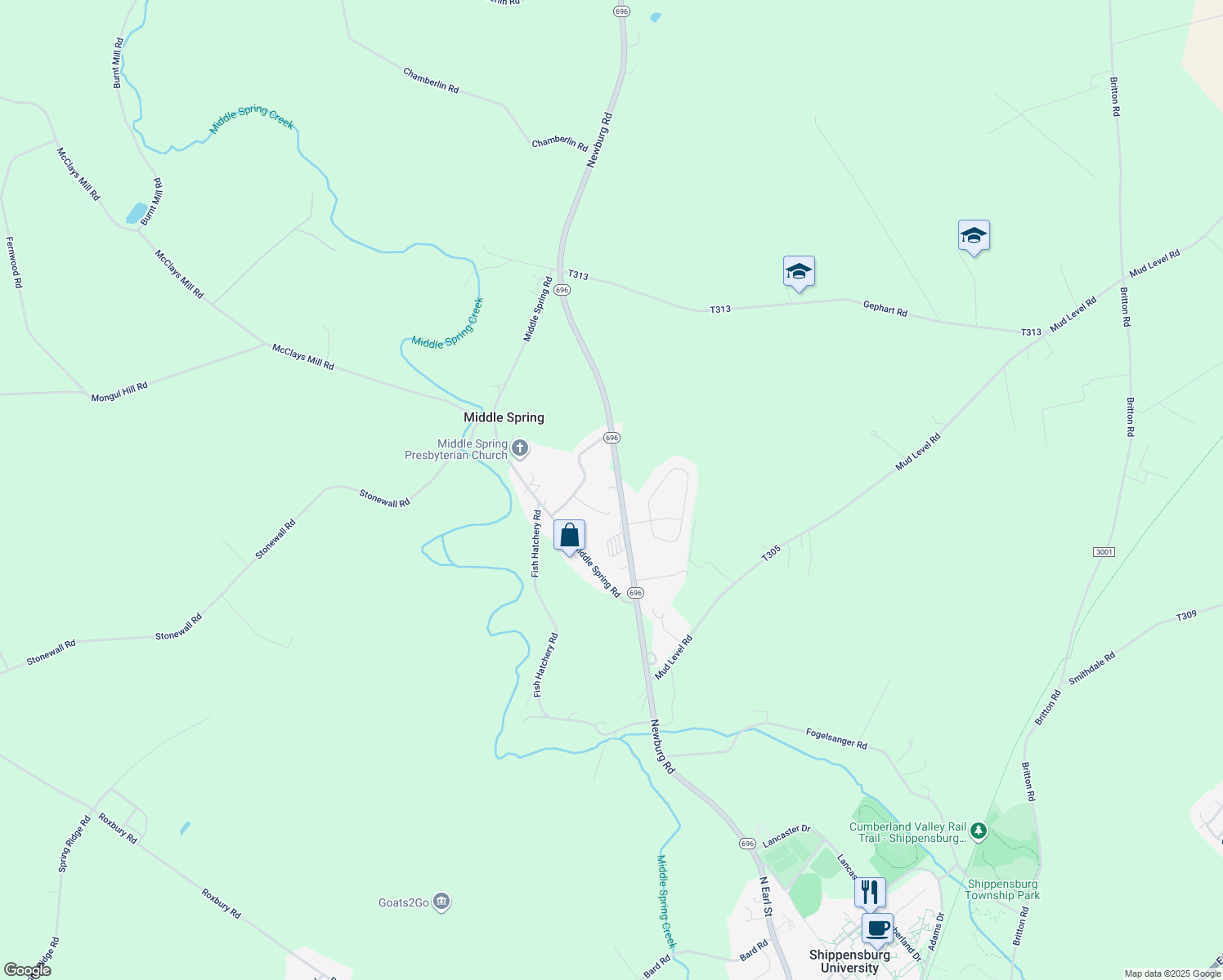 map of restaurants, bars, coffee shops, grocery stores, and more near 1216 Newburg Rd in Shippensburg