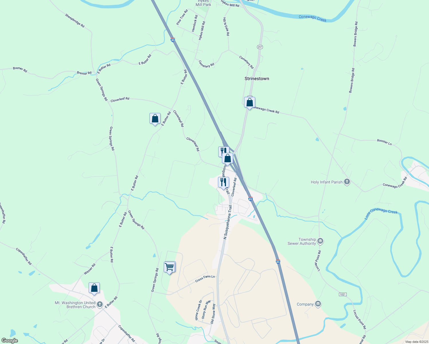 map of restaurants, bars, coffee shops, grocery stores, and more near 160 Cloverleaf Road in York