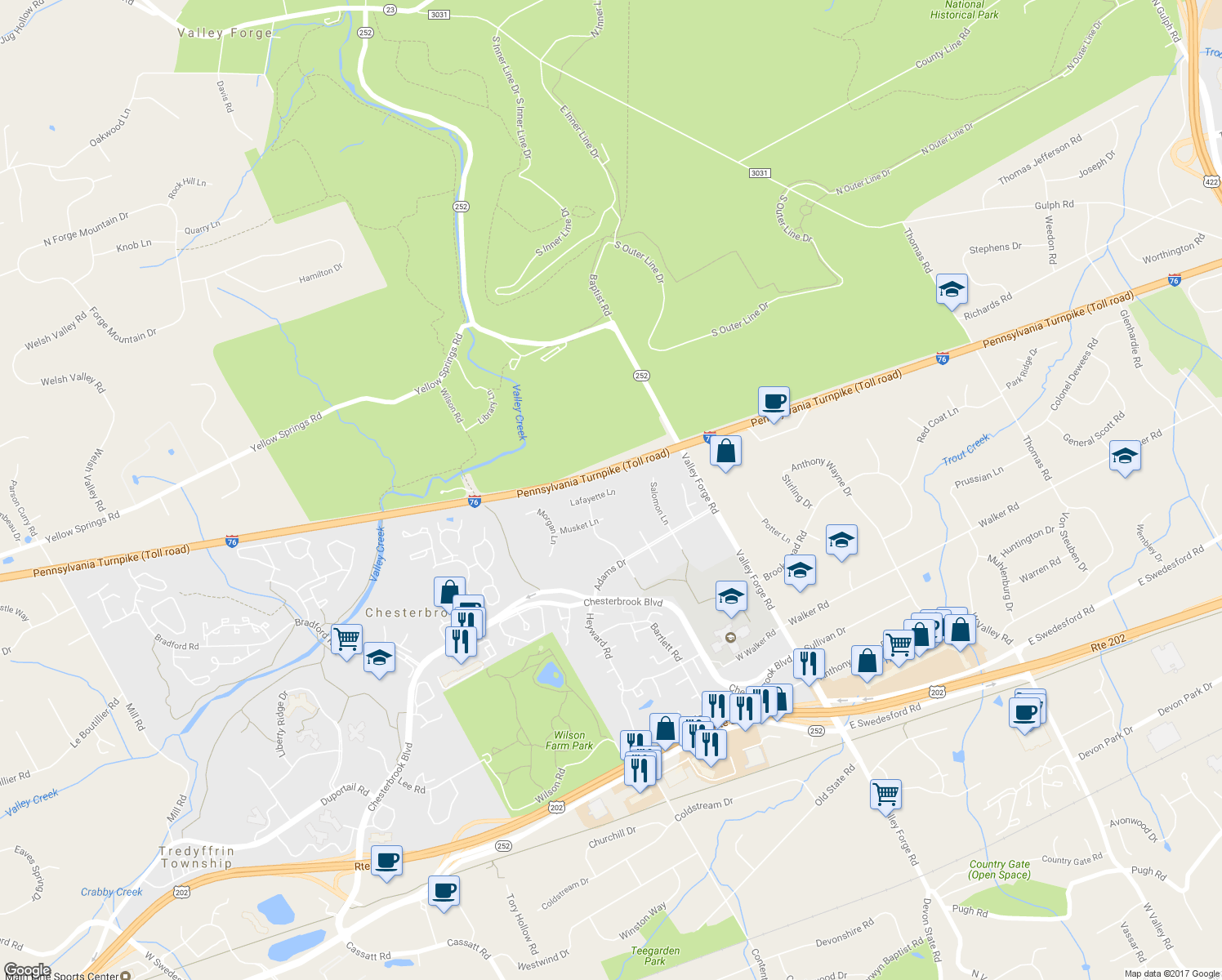map of restaurants, bars, coffee shops, grocery stores, and more near 213 Lafayette Lane in Chesterbrook
