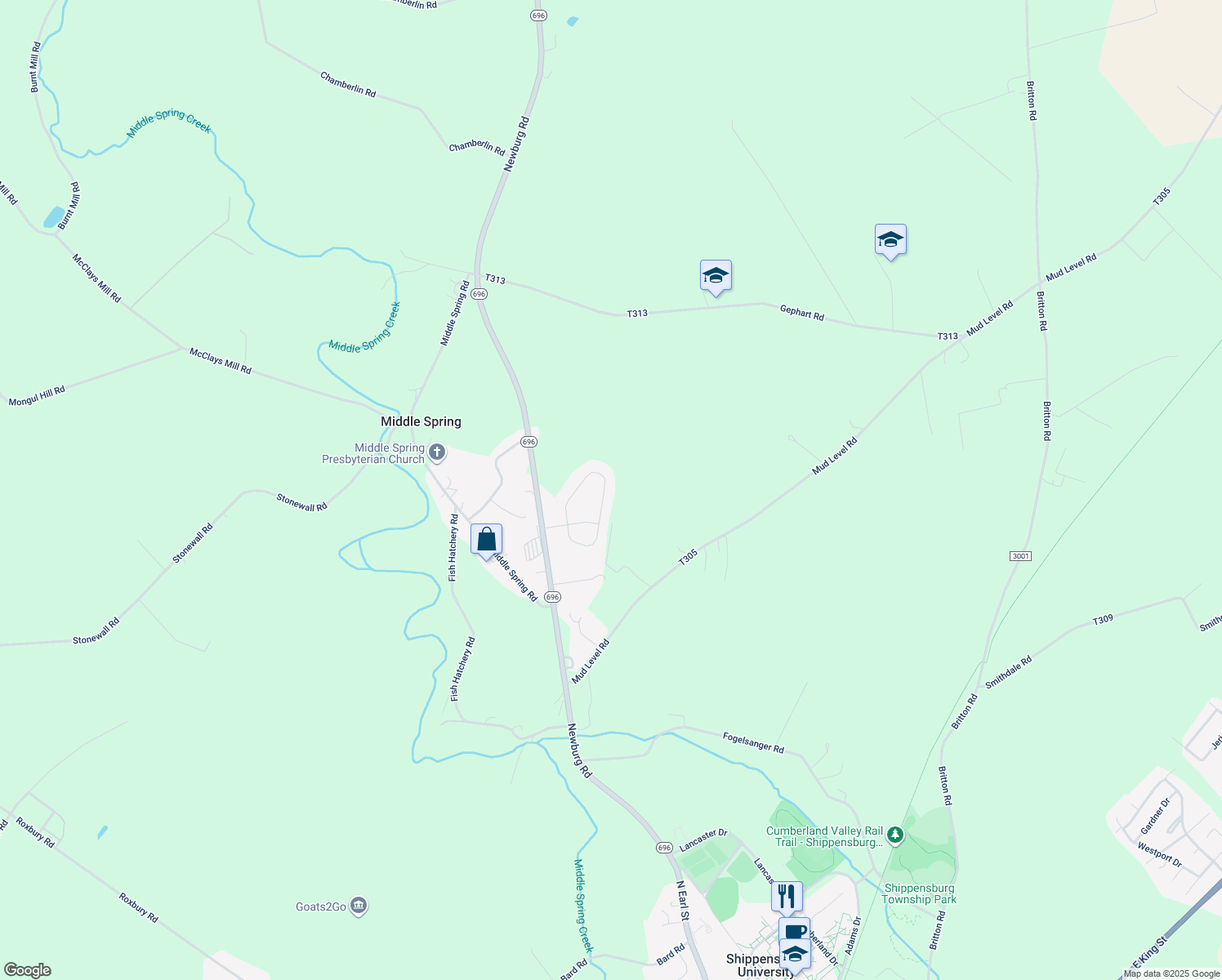 map of restaurants, bars, coffee shops, grocery stores, and more near 65 Diller Drive in Shippensburg