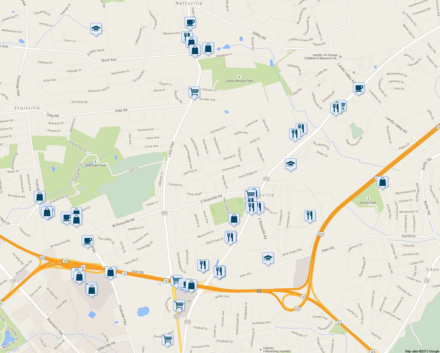 map of restaurants, bars, coffee shops, grocery stores, and more near 1938 Harclay Place in Lancaster