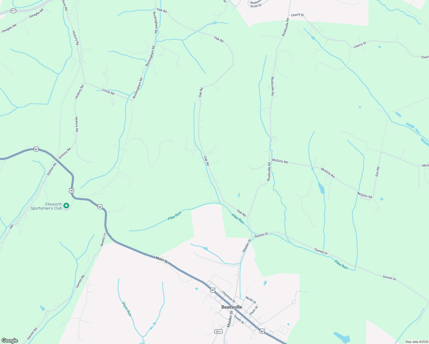 map of restaurants, bars, coffee shops, grocery stores, and more near 108 Oak Road in Scenery Hill