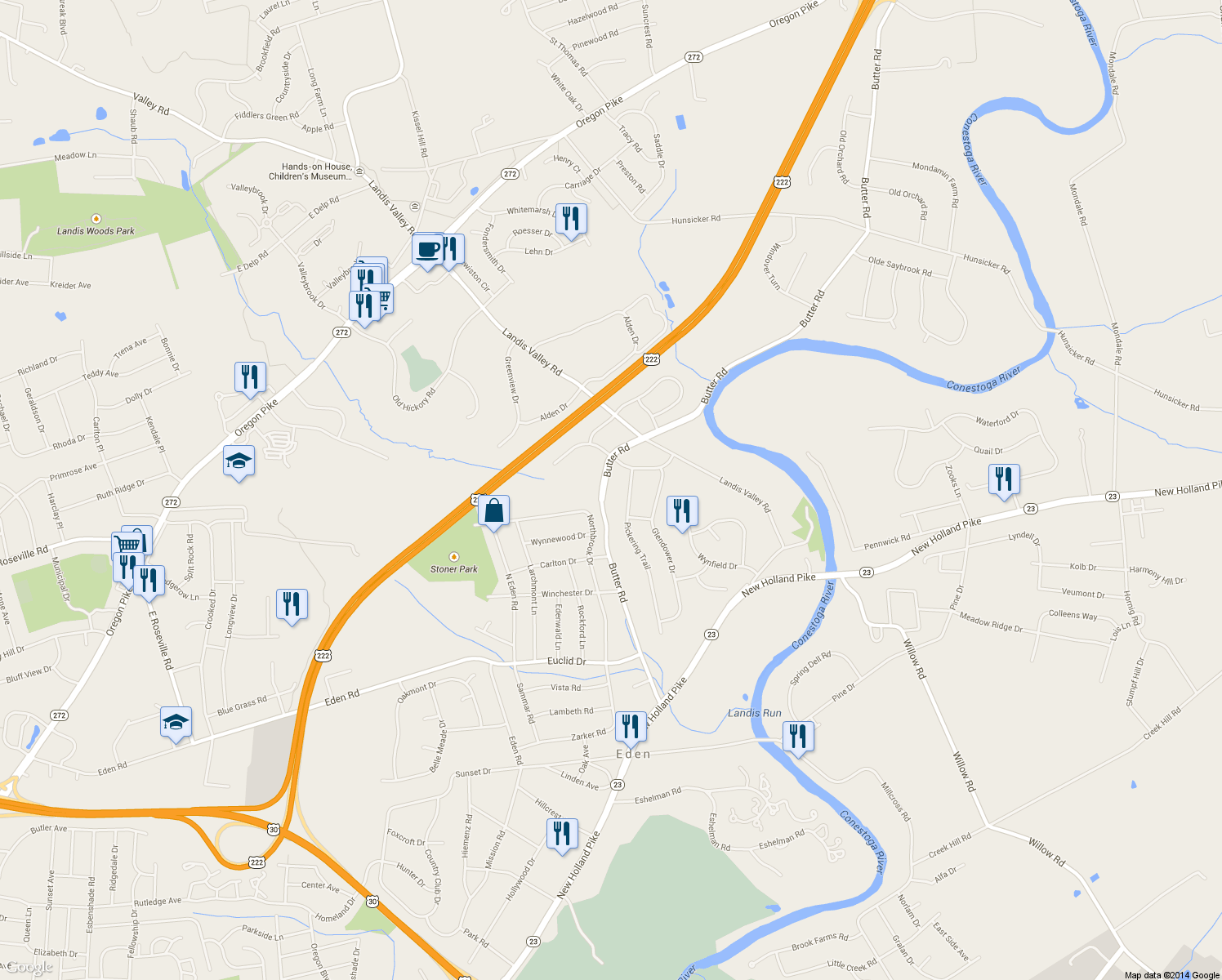 map of restaurants, bars, coffee shops, grocery stores, and more near 2130 Butter Road in Lancaster