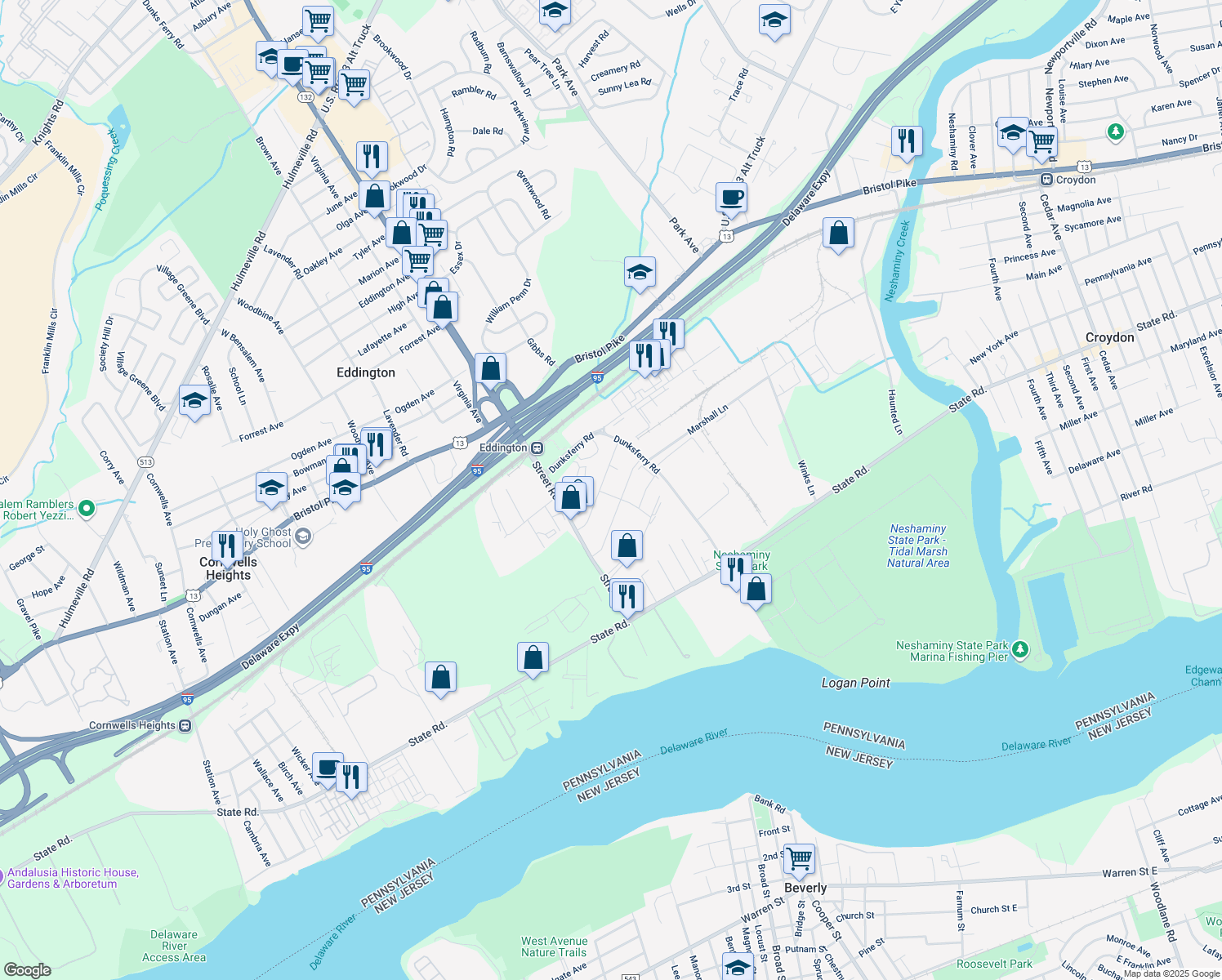 map of restaurants, bars, coffee shops, grocery stores, and more near 675 Center Avenue in Bensalem