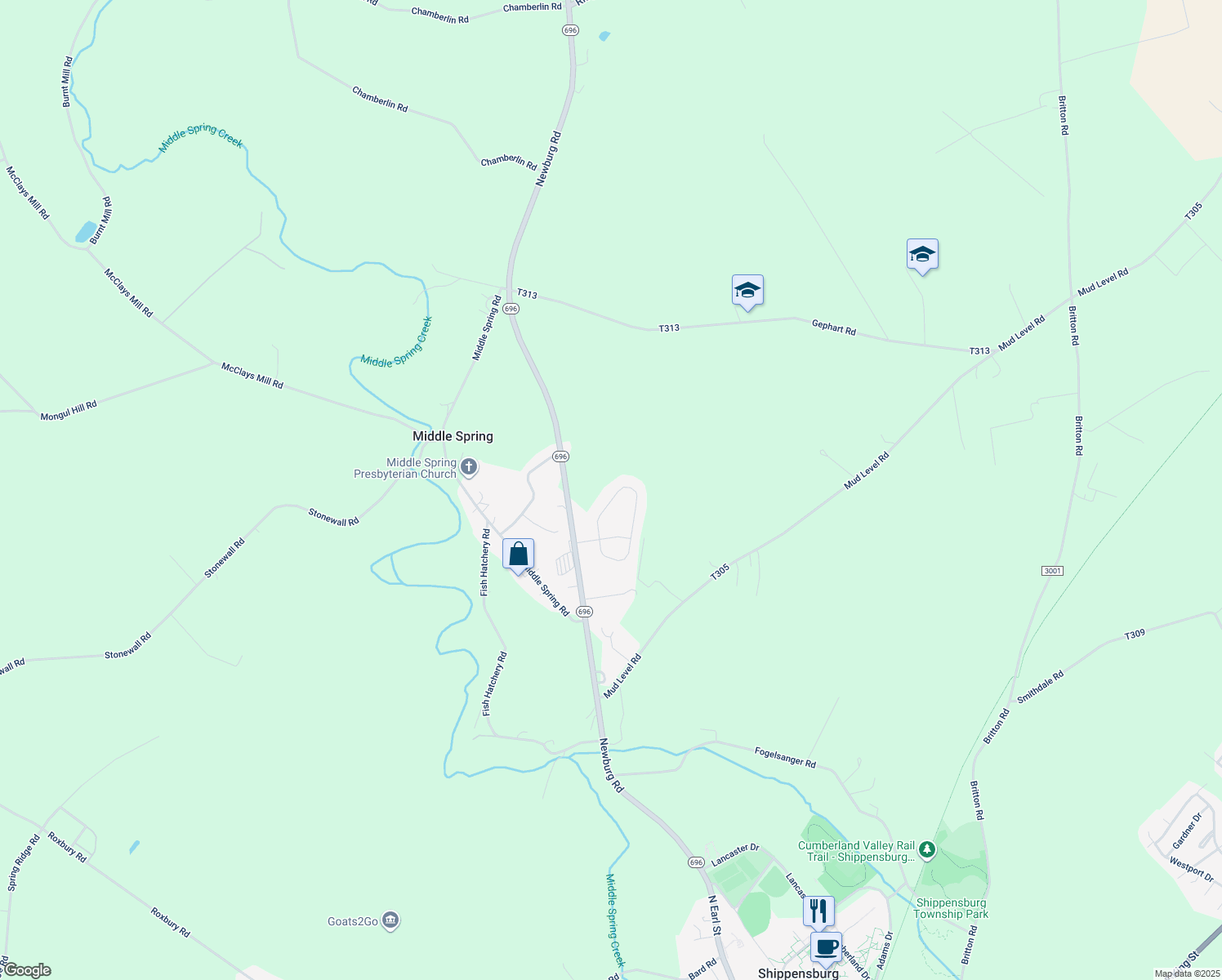 map of restaurants, bars, coffee shops, grocery stores, and more near 79 Diller Dr in Shippensburg