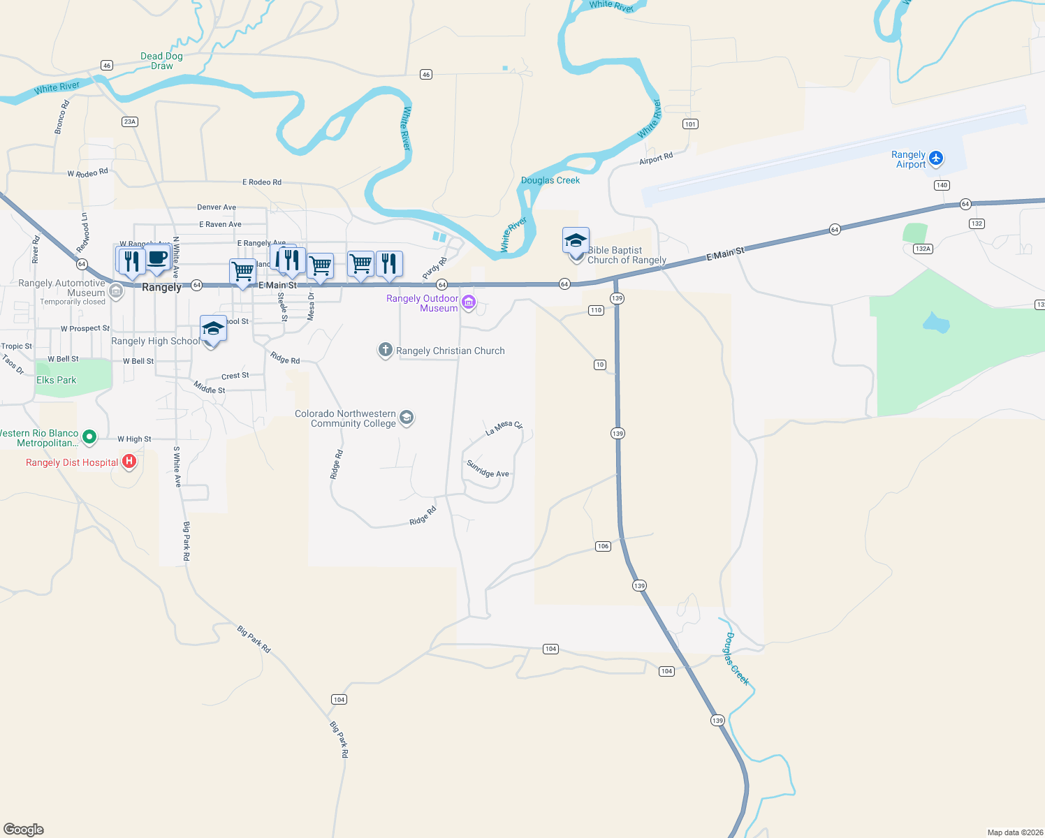 map of restaurants, bars, coffee shops, grocery stores, and more near 1371 La Mesa Circle in Rangely