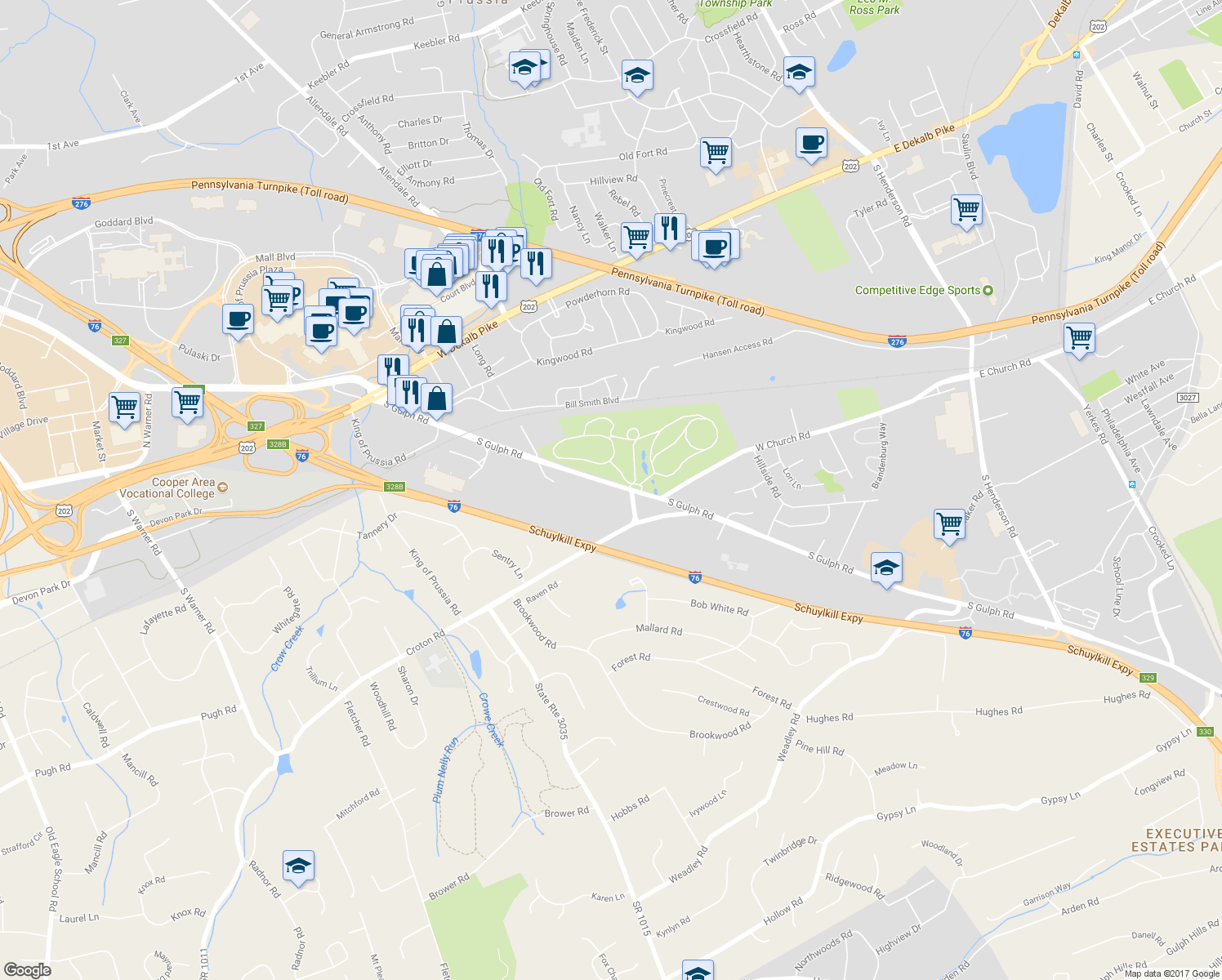 map of restaurants, bars, coffee shops, grocery stores, and more near 263 South Gulph Road in King of Prussia