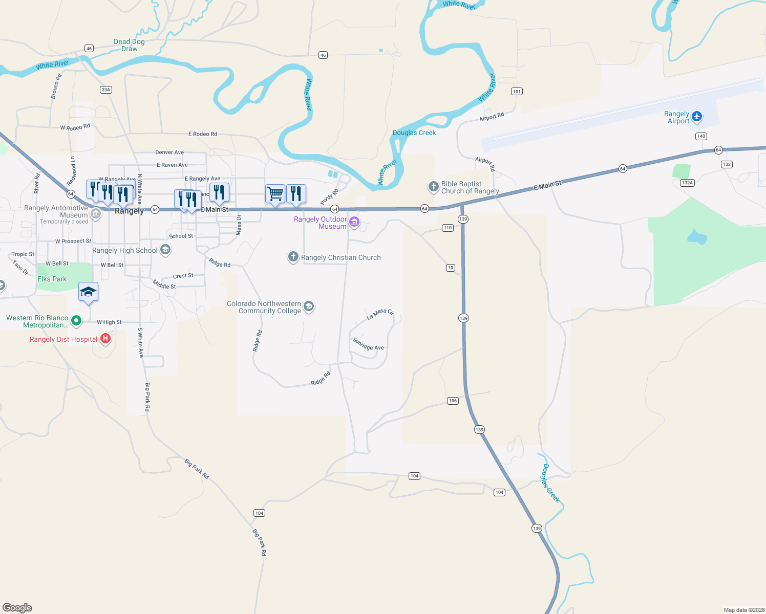 map of restaurants, bars, coffee shops, grocery stores, and more near 1371 La Mesa Circle in Rangely