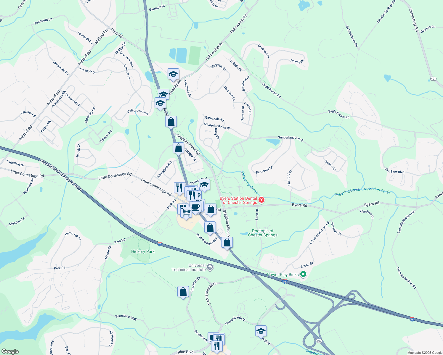 map of restaurants, bars, coffee shops, grocery stores, and more near 12 Granite Lane in Chester Springs