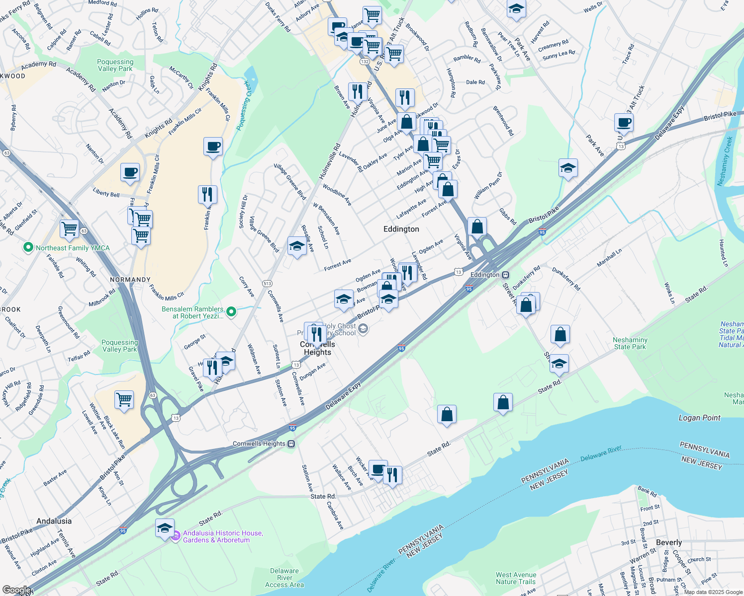 map of restaurants, bars, coffee shops, grocery stores, and more near 2509 Finley Avenue in Bensalem