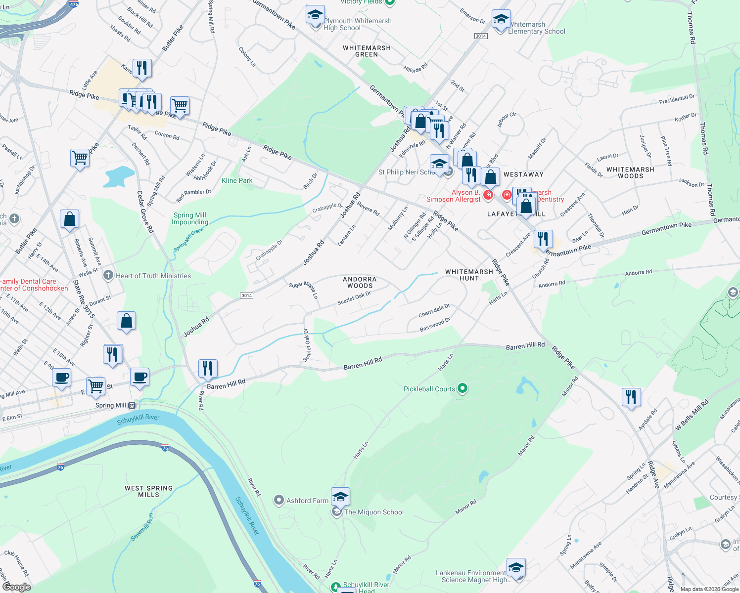 map of restaurants, bars, coffee shops, grocery stores, and more near 43 Scarlet Oak Drive in Lafayette Hill