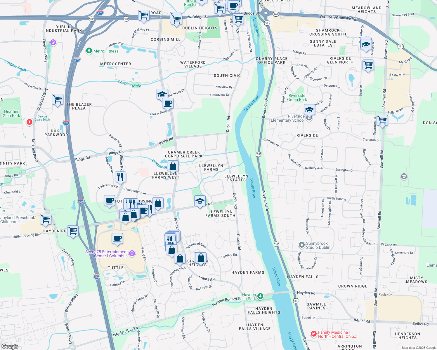 map of restaurants, bars, coffee shops, grocery stores, and more near 5597 Braeside Court in Dublin