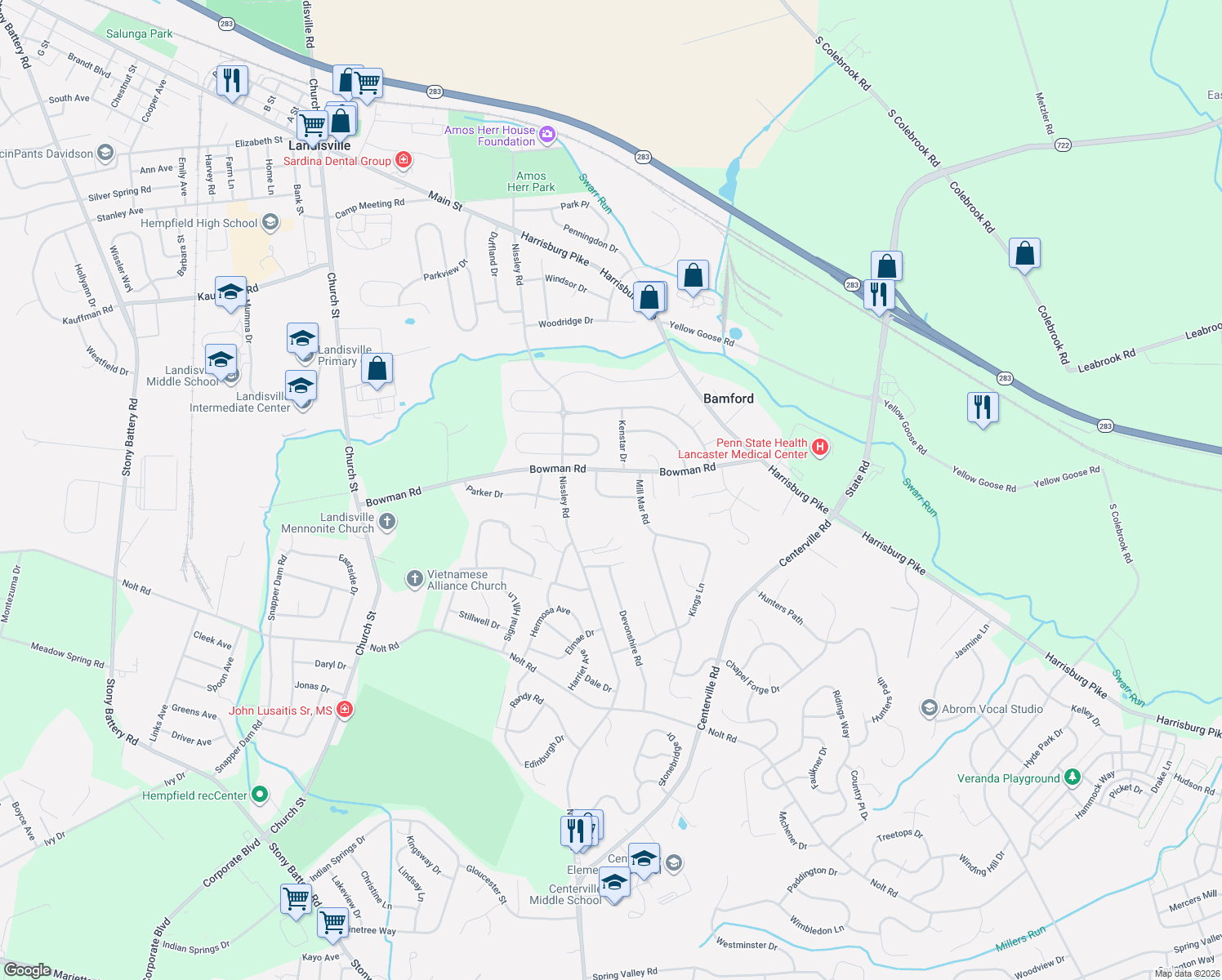 map of restaurants, bars, coffee shops, grocery stores, and more near 3019 Westwood Dr in Lancaster