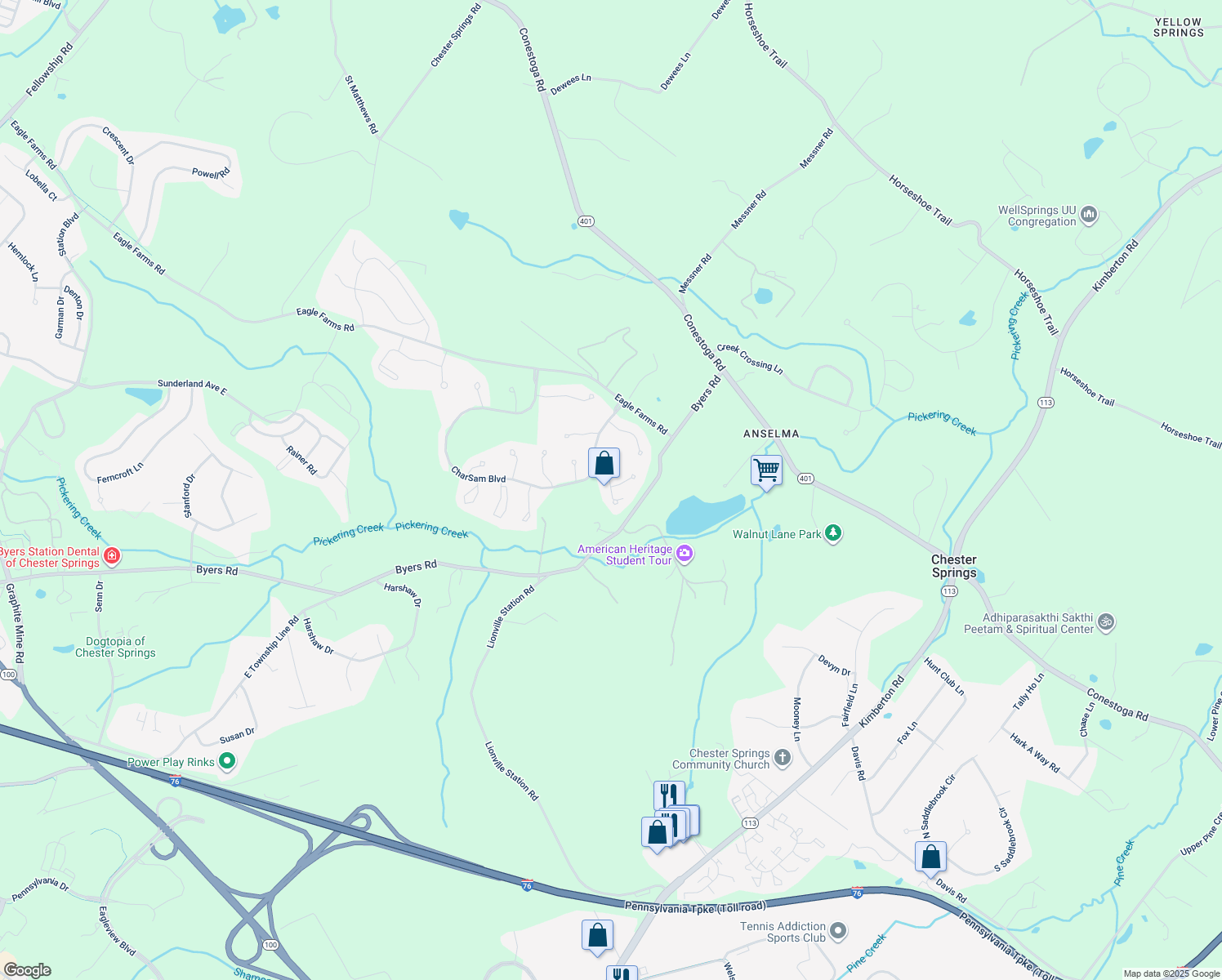 map of restaurants, bars, coffee shops, grocery stores, and more near 1230 Huntsman Way in Chester Springs