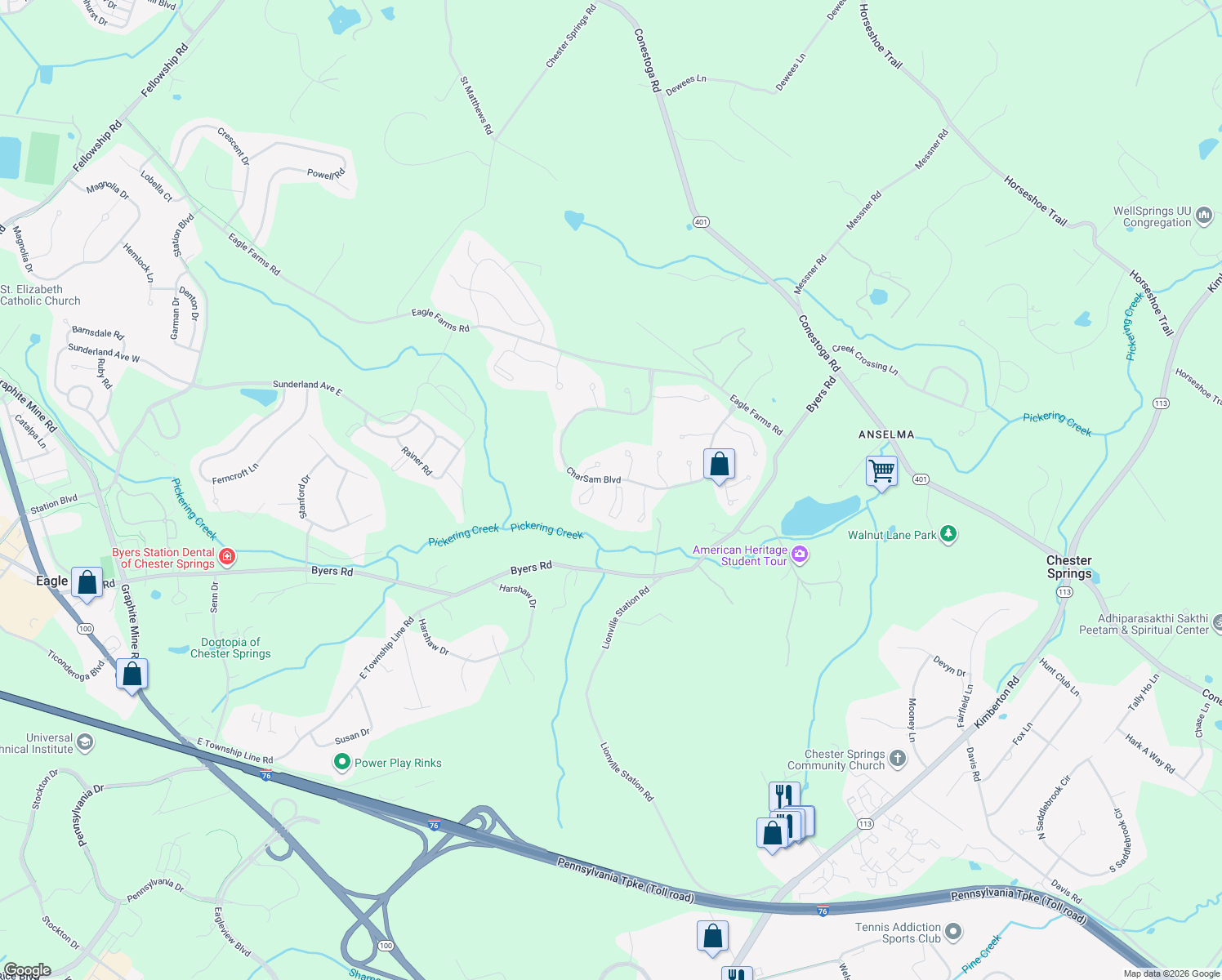 map of restaurants, bars, coffee shops, grocery stores, and more near 702 Jacques Circle in Chester Springs