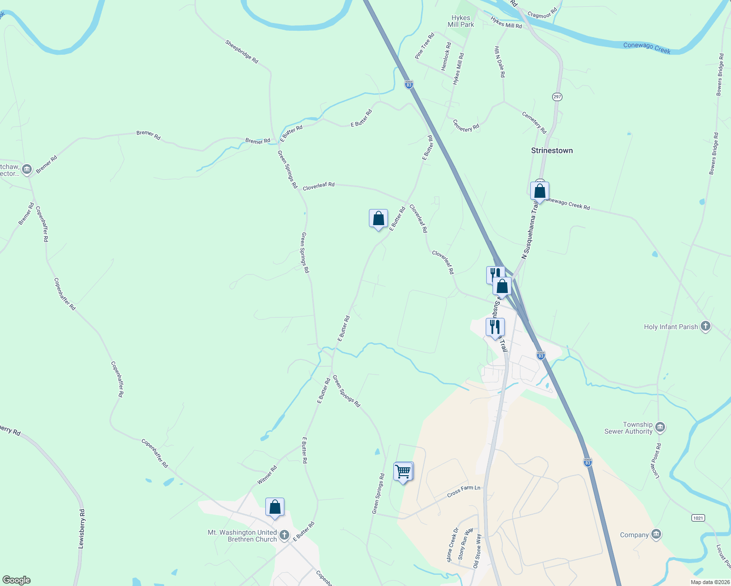 map of restaurants, bars, coffee shops, grocery stores, and more near 665 E Butter Rd in York