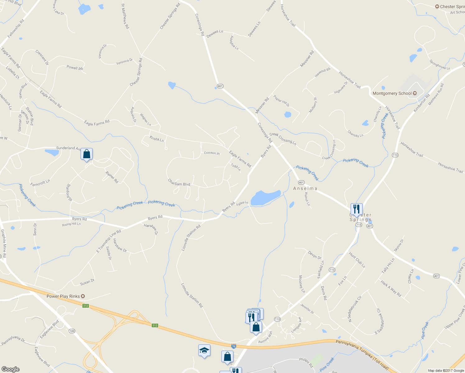 map of restaurants, bars, coffee shops, grocery stores, and more near 1411 Saddle Lane in Chester Springs