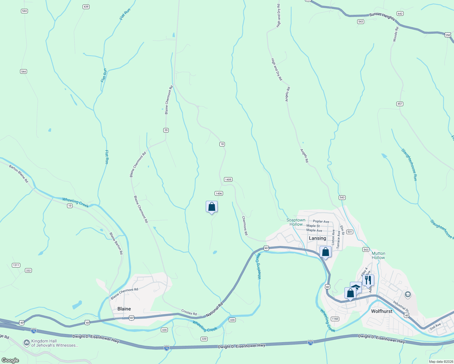 map of restaurants, bars, coffee shops, grocery stores, and more near 68988 Clearview Acres Road in Bridgeport
