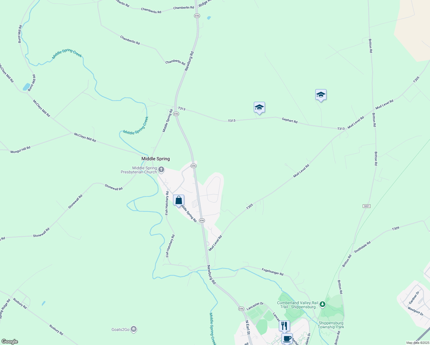 map of restaurants, bars, coffee shops, grocery stores, and more near 75 Diller Drive in Shippensburg